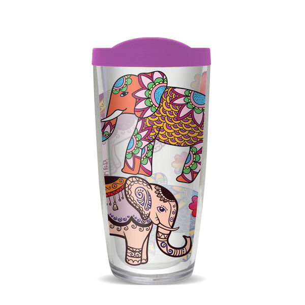 16oz Tumbler - Ethnic Elephants w/ Purple Lid 02-10115