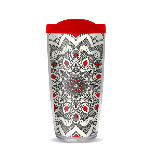 16oz Tumbler - Boho Mandala Monochrome w/ Red Lid 02-10117