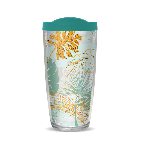 22oz Tumbler - Leaf Pattern - Gold and Teal w/ Teal Lid 08-10434