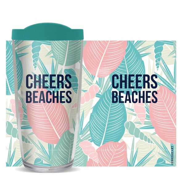 16oz Short Tumbler - Cheers Beaches on Pastel Leaves and Shells without lid 01-10676