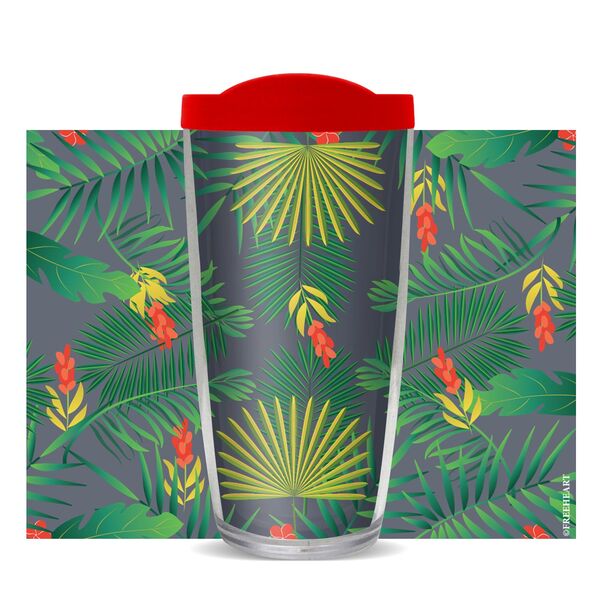 22oz Tumbler - Palms and Flowers w/ Red Lid 08-10694