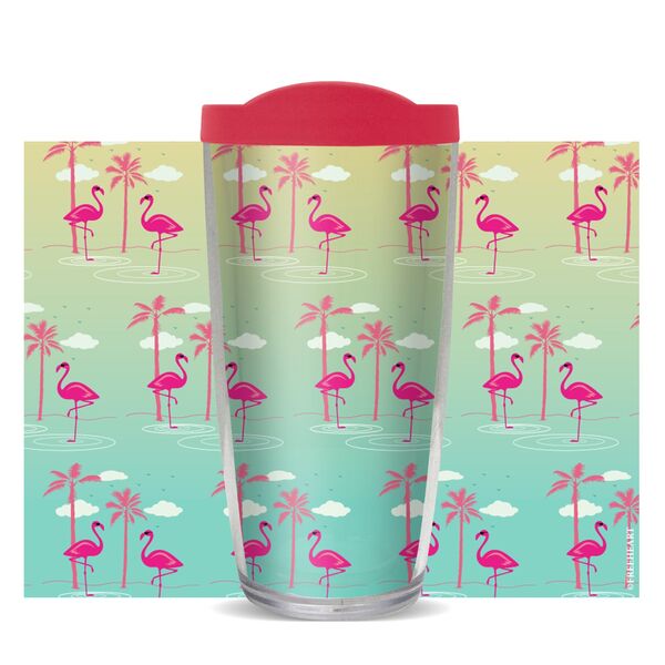 18oz Handle Mug - Tropical Flamingo Palm Pattern w/ Black Lid 06-10696