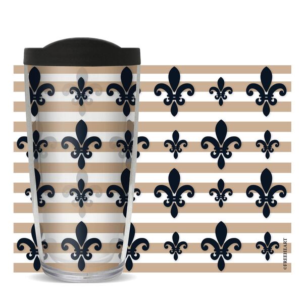 22oz Tumbler - Fleur De Lis - Gold Stripes w/ Black Lid 08-10775