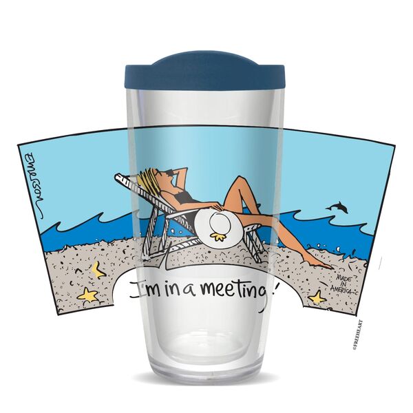 16oz Tumbler - In a Meeting - Beach w/ Blue Lid 02-10863