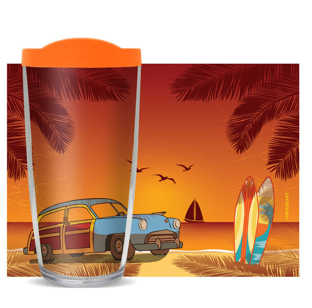 18oz Handle Mug - Woody Car on Beach w/ Black Lid 06-10998