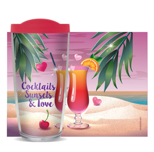 18oz Handle Mug - Cocktails Sunsets & Love w/ Black Lid 06-11048