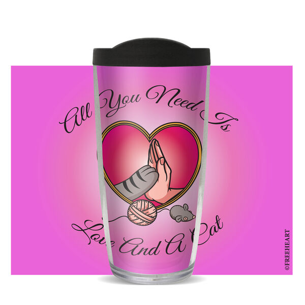 22oz Tumbler - All You Need Is Love and a Cat w/ Pink Lid 08-11116