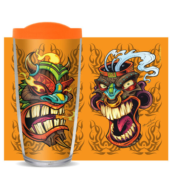 16oz Short Tumbler - Tiki Heads-Flames without lid 01-11171