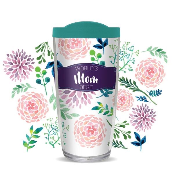 16oz Tumbler - World's Best Mom on Mums w/ Teal Lid 02-11237