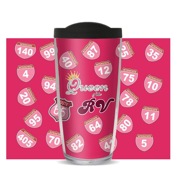 16oz Tumbler - Queen of the RV w/ Black Lid 02-11268