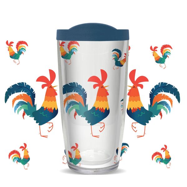 16oz Tumbler - Rooster Strutting Colorful Illustration w/ Navy Lid 02-11272