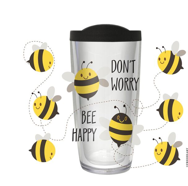 16oz Short Tumbler - Don't Worry, Bee Happy without lid 01-11286