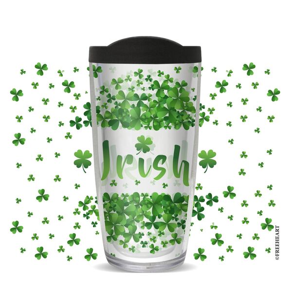 18oz Handle Mug - Irish Shamrock Pattern w/ Black Lid 06-11315