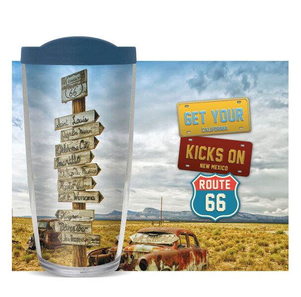 28oz Mega Tumbler - Get Your Kicks on Route 66 Sign Post w/ Blue Lid H2-11387