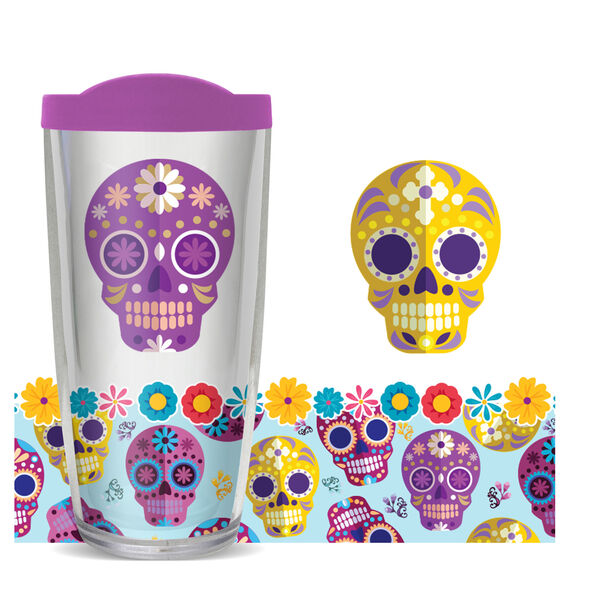 22oz Tumbler - Day of the Dead Skulls Pattern w/ Purple Lid 08-11686