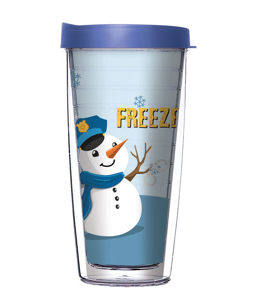 16oz Tumbler - Freeze (Image of Snow Policeman) w/ Blue Lid 02-11743