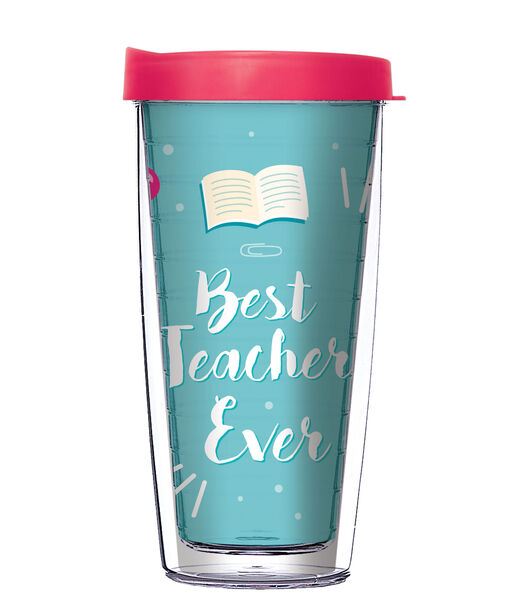 18oz Handle Mug - Best Teacher Ever Aqua w/ Pink Lid 06-11753