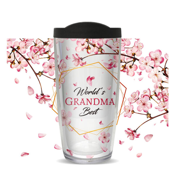 28oz Mega Tumbler - World's Best Grandma on Cherry Blossoms w/ Black Lid H2-11848