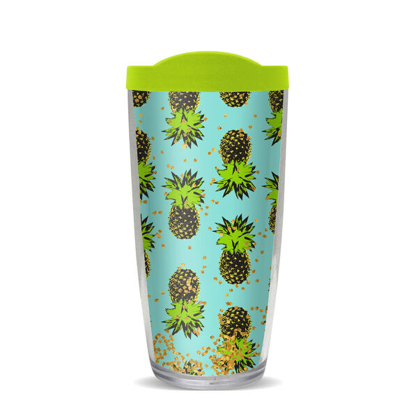 16oz Tumbler - Tropical Pineapple 1 Teal W-Glitter w/ Lime Green Lid 02-11872