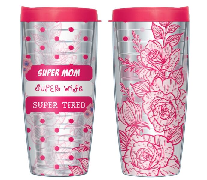 16oz Tumbler - Super Mom-Wife-Tired w/ Pink Lid 02-11918