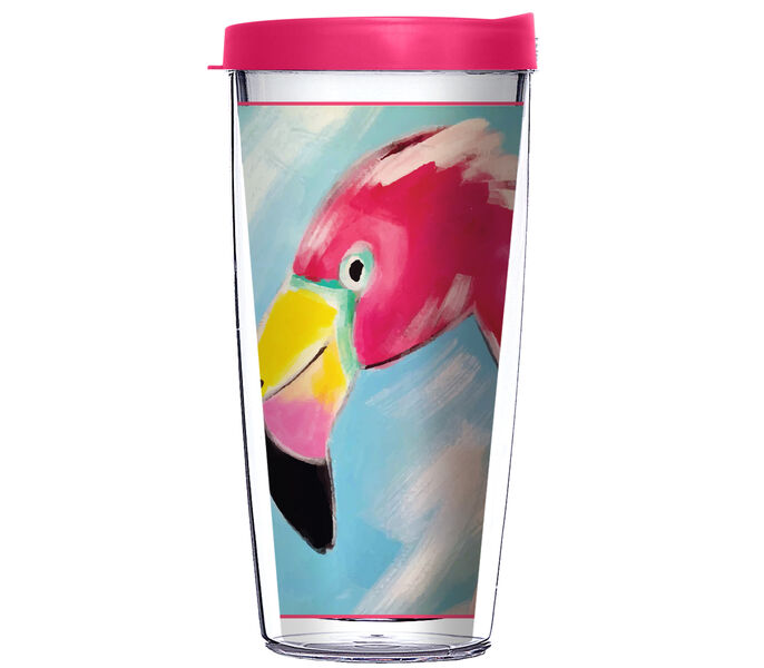 18oz Handle Mug - Watercolor Flamingo Face w/ Pink Lid 06-12232