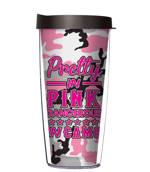 18oz Handle Mug - Pretty in Pink Dangerous in Camo w/ Black Lid 06-12250