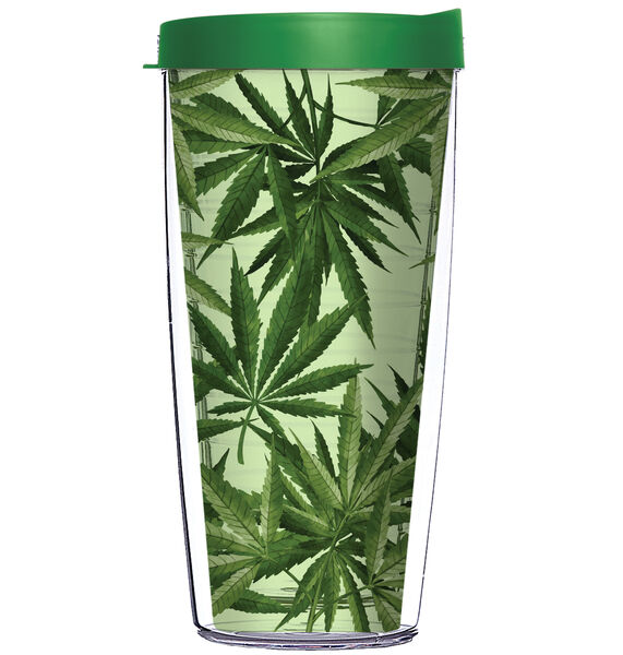 22oz Tumbler - Marijuana Leaves w/ Emerald Green Lid 08-12343