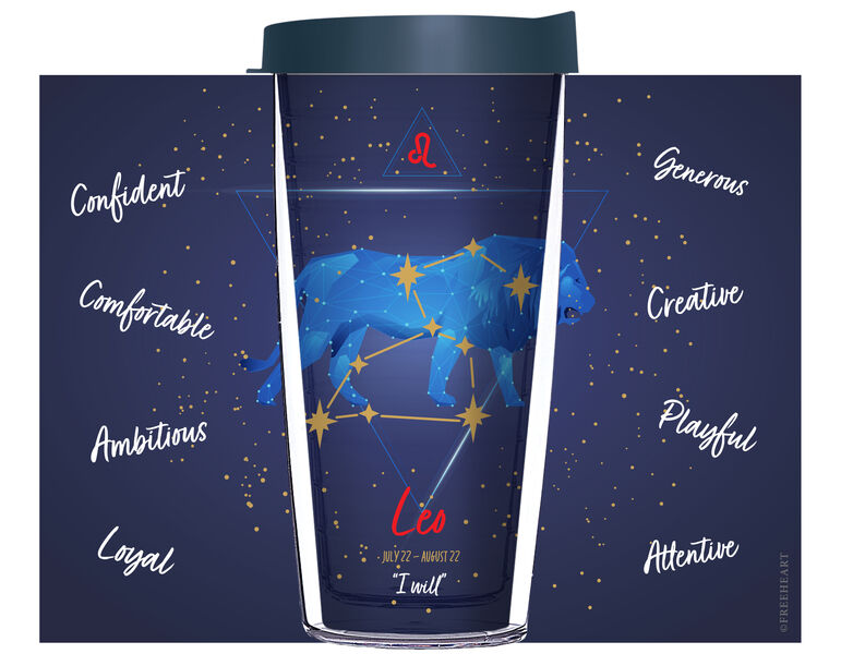 16oz Tumbler - Leo Astrology on Blue Starfield w/ Navy Lid 02-12356