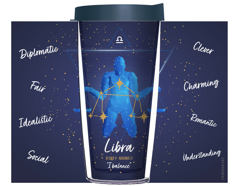 16oz Tumbler - Libra Astrology on Blue Starfield w/ Navy Lid 02-12357