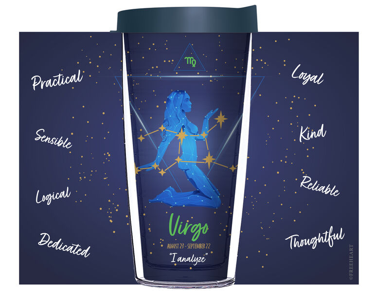 16oz Short Tumbler - Virgo Astrology on Blue Starfield without lid 01-12361