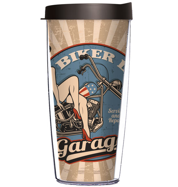 28oz Mega Tumbler - Hot Rod Biker Life Pin Up w/ Black Lid H2-12364