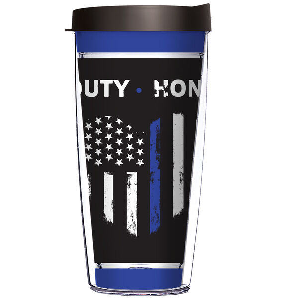 22oz Tumbler - Blue Line - Duty Honor Courage w/ Black Lid 08-12369