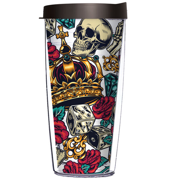 16oz Tumbler - Roses & Skulls Tattoo Pattern w/ Black Lid 02-12373