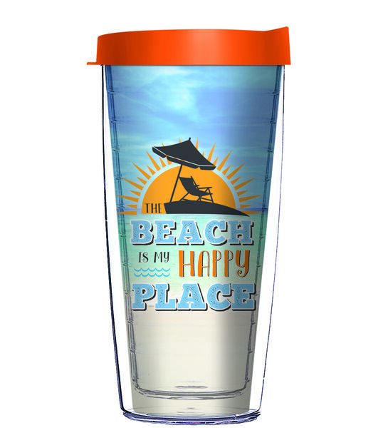 16oz Tumbler - Beach Is My Happy Place w/ Orange Lid 02-12406