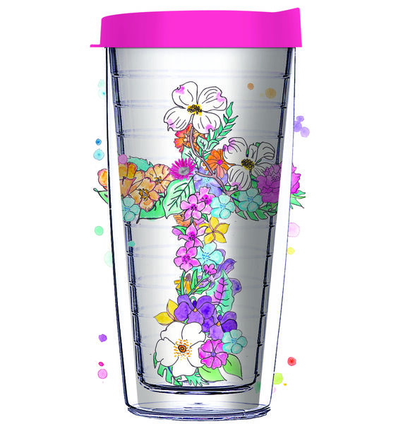 16oz Tumbler - Flower Cross w/ Pink Lid 02-12511