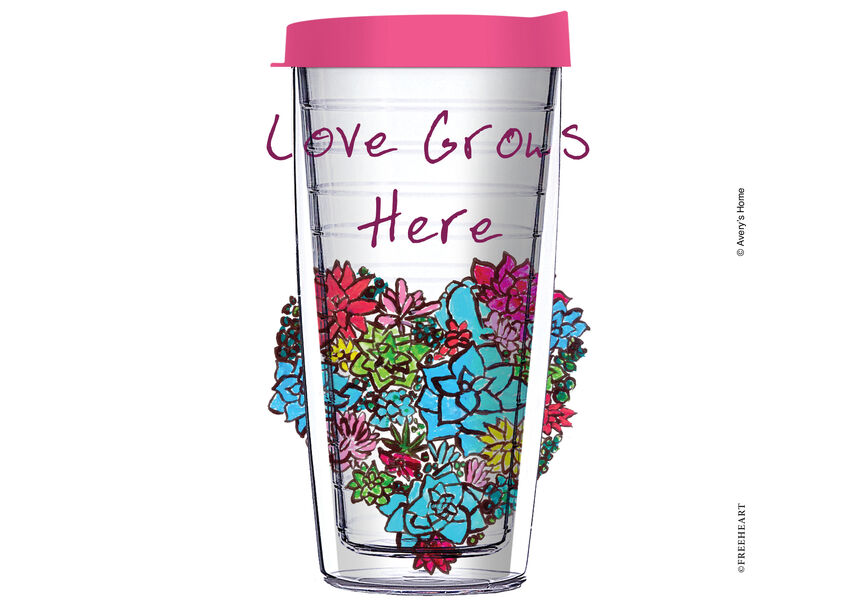 18oz Handle Mug - Love Grows Here TK16 w/ Pink Lid 06-12542