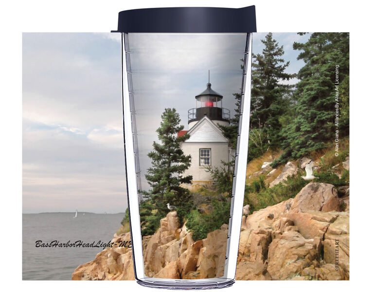 16oz Tumbler - Alan Giana Bass Harbor Headlight Maine w/ Navy Lid 02-12570