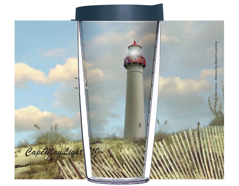 18oz Handle Mug - Alan Giana Cape May Lighthouse NJ w/ Blue Lid 06-12573