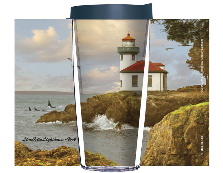 16oz Tumbler - Alan Giana Lime Kiln Lighthouse WA w/ Blue Lid 02-12577