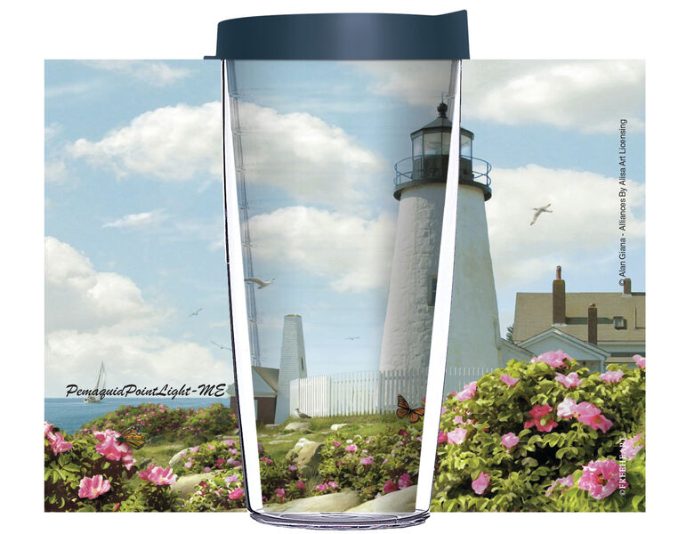 16oz Tumbler - Alan Giana Pemaquid Point Lighthouse ME w/ Blue Lid 02-12580