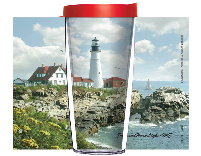 18oz Handle Mug - Alan Giana Portland Headlight ME w/ Black Lid 06-12583