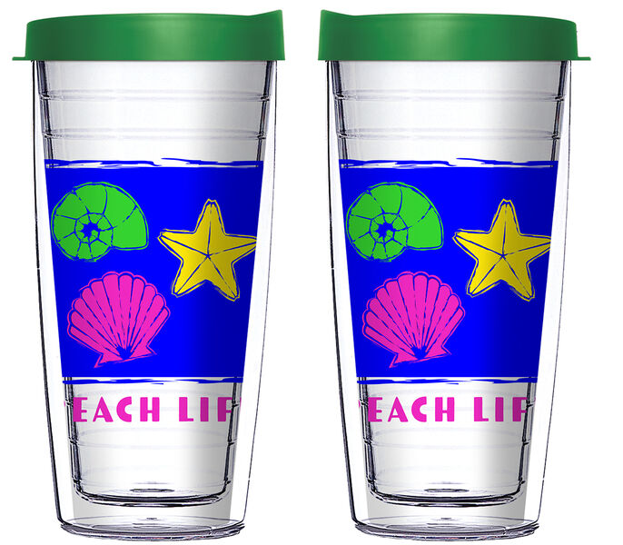 Beach Life with Three Shells in Neon Colors Tumbler with Green Travel Lid - 16oz Traveler