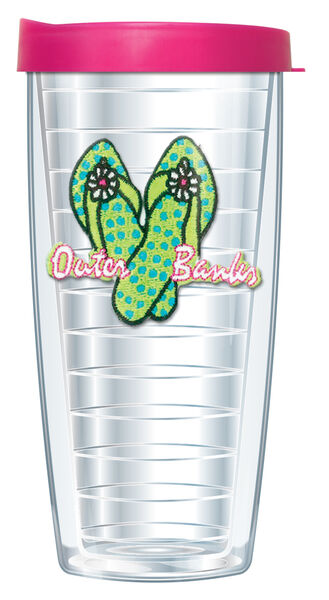 22oz Tumbler - Outer Banks Flip Flops Green w/ Blue Patch w/ Pink Lid 08-362