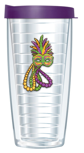 28oz Mega Tumbler - Mardi Gras Mask & Beads Patch w/ Purple Lid H2-564