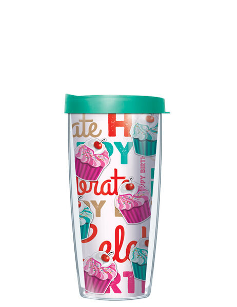 22oz Tumbler - Happy Birthday Cupcakes w/ Teal Lid 08-BDAY1