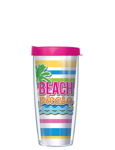 16oz Tumbler - Beach Please Stripes w/ Pink Lid 02-BEP