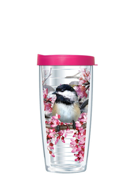 16oz Tumbler - Chickadees Red Bud Tree w/ Pink Lid 02-BIR10