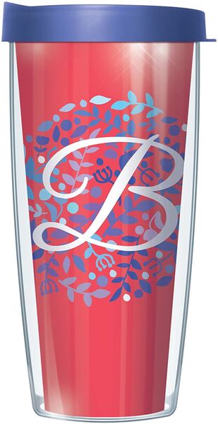 18oz Handle Mug - Script Letter B on Pink Floral w/ Blue Lid 06-BNL1785LS2-B