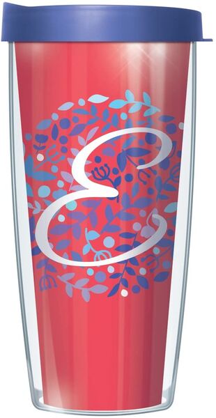 16oz Short Tumbler - Script Letter E on Pink Floral without lid 01-BNL1785LS2-E