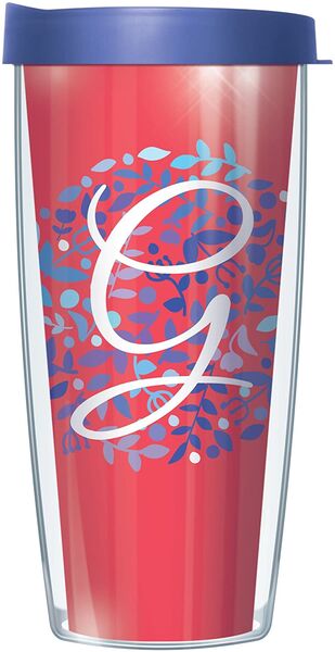 18oz Handle Mug - Script Letter G on Pink Floral w/ Blue Lid 06-BNL1785LS2-G